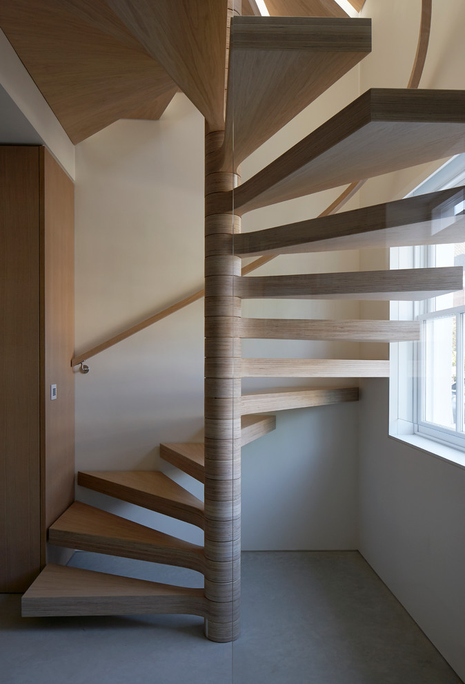 Design ideas for a mid-sized contemporary wood spiral staircase in London with open risers.