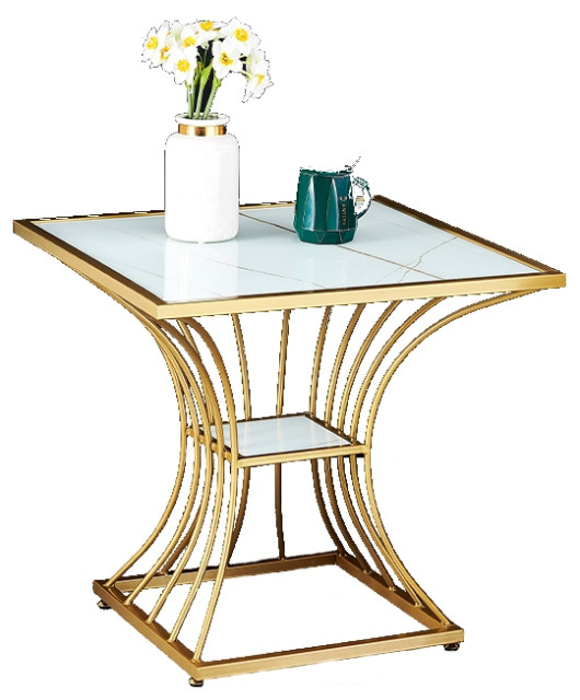 Gold/Black Tempered Glass Small Side Table with Iron Legs, L23.6