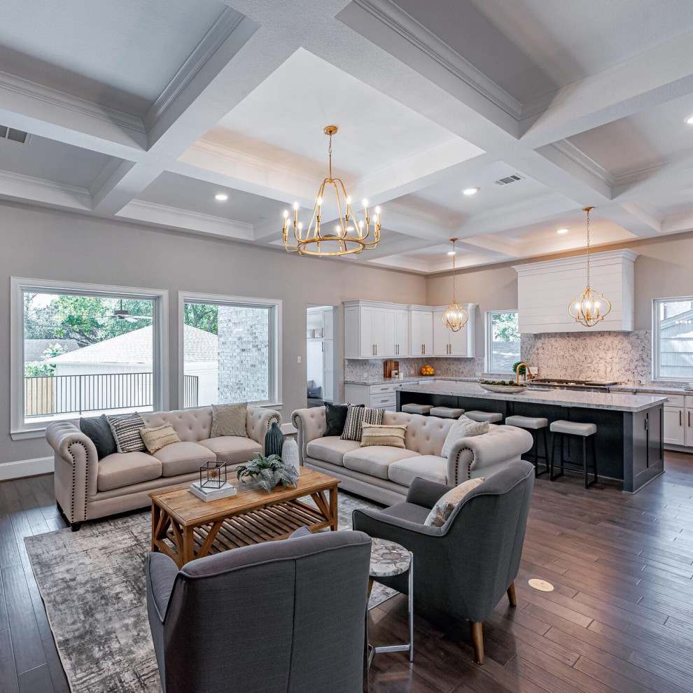 Inspiration for a huge transitional dark wood floor, coffered ceiling and brown floor living room remodel in Houston with white walls
