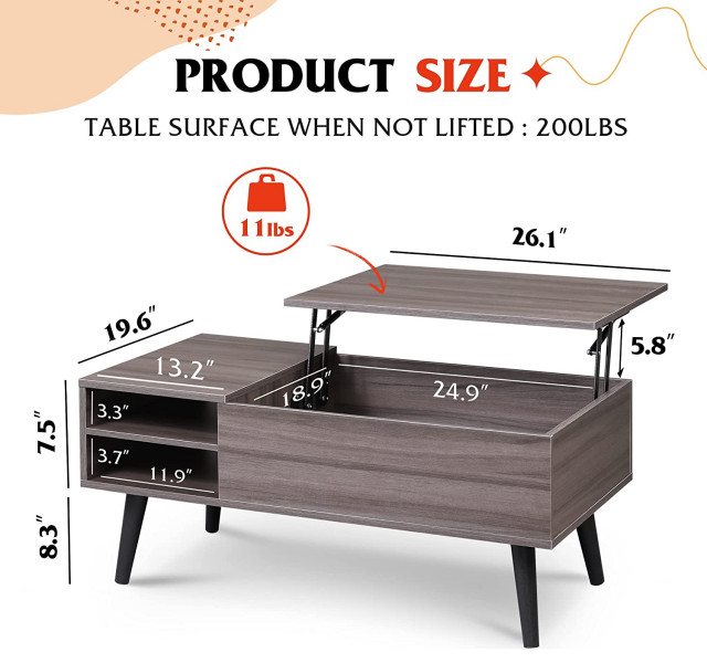 Lift Top Coffee Table with Storage, Hidden Compartment and Adjustable ...