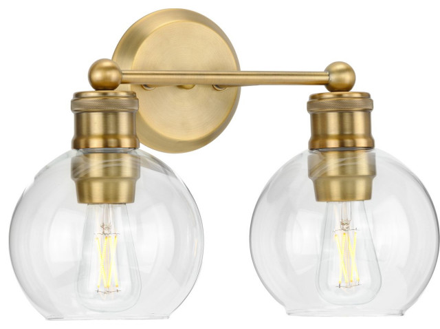 Hansford 2 Light Vintage Brass Clear, Vintage Brass Bathroom Light Fixtures