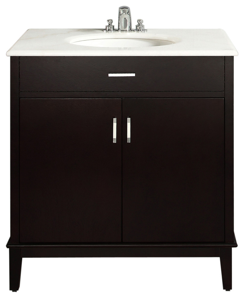 Oxford Dark Espresso Brown 30-inch Bath Vanity with 2 Doors and White Marble Top