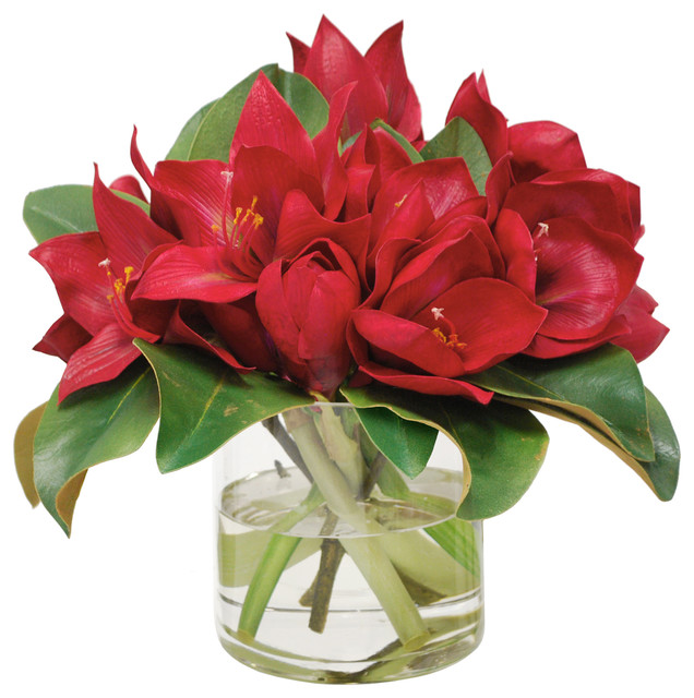 Amaryllis in Glass Vase 15" Contemporary Artificial Flower