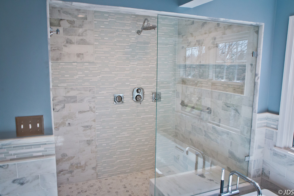 Freestanding bathtub - mid-sized transitional master white tile and stone tile ceramic tile freestanding bathtub idea in DC Metro with a drop-in sink, raised-panel cabinets, gray cabinets, granite countertops, a two-piece toilet and blue walls