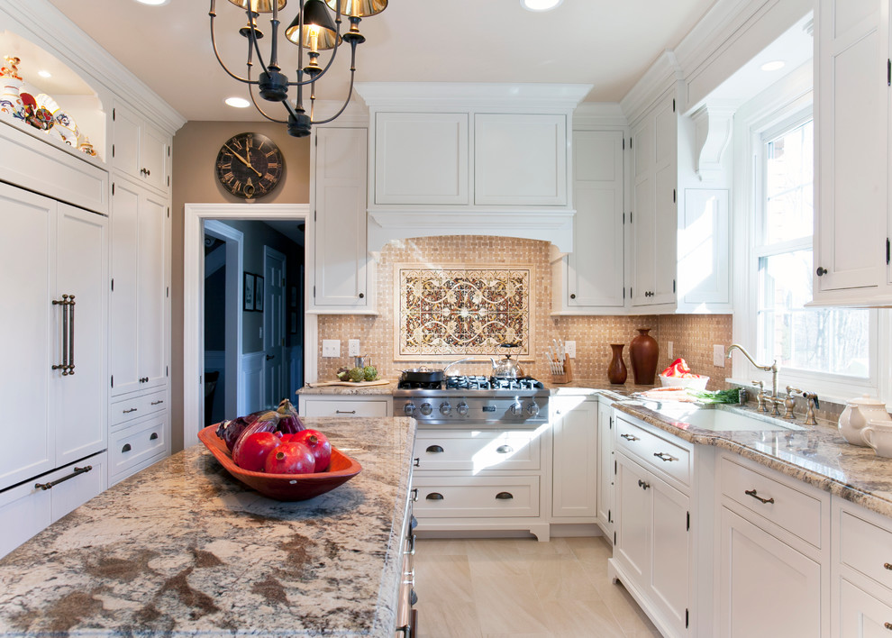 Inspiration for a traditional separate kitchen in Bridgeport with a single-bowl sink, beaded inset cabinets, white cabinets, granite benchtops, beige splashback, panelled appliances and with island.
