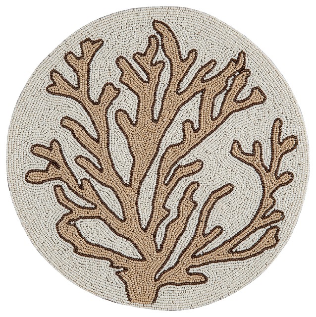 Tan on White Coral Hand Beaded Round Placemat or Table Charger Plate
