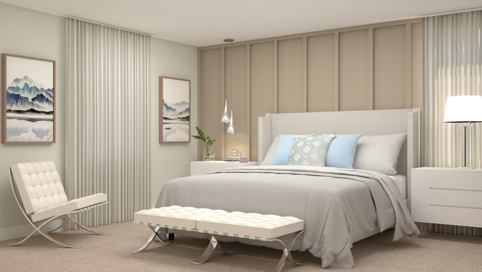 Mid-sized contemporary master bedroom in Orlando with beige walls, carpet, no fireplace and beige floor.