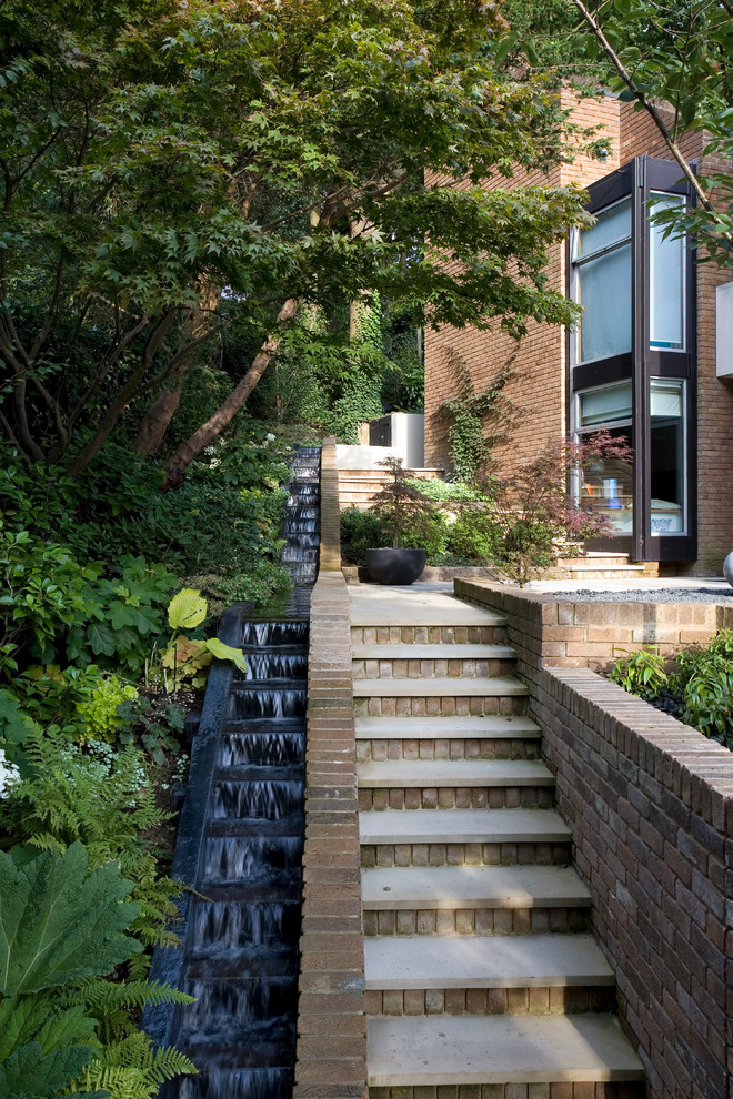 Contemporary garden in London with with waterfall.