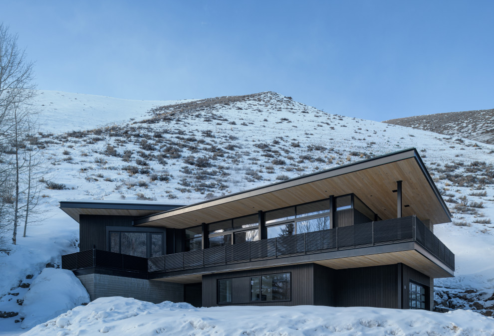 Cette photo montre une grande façade de maison grise montagne en béton à un étage.
