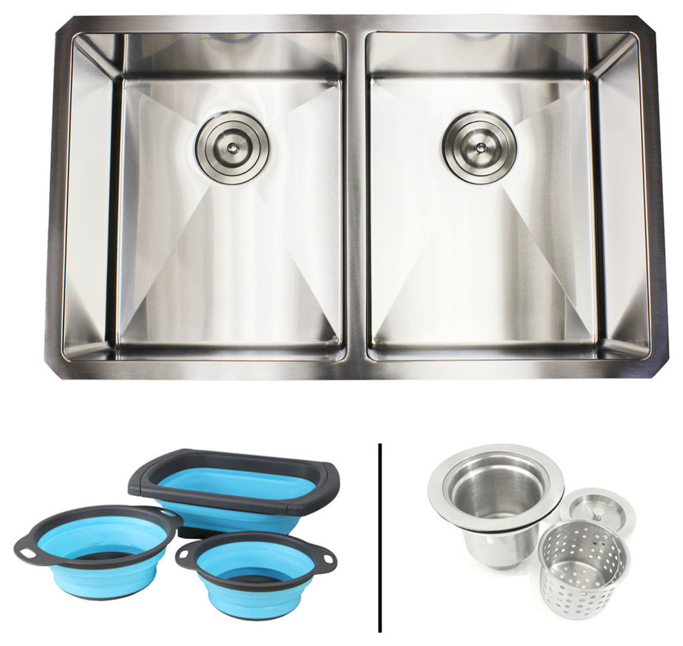 32" Undermount Stainless Steel 50/50 Kitchen Sink With Colanders