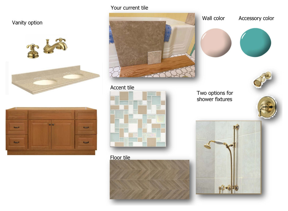 Design ideas for a small master bathroom in San Francisco with raised-panel cabinets, brown cabinets, a drop-in tub, an alcove shower, blue tile, blue walls, porcelain floors, an undermount sink, engineered quartz benchtops, beige floor, a hinged shower door, beige benchtops, a double vanity and a freestanding vanity.