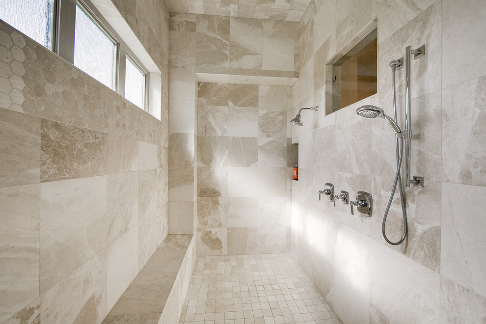 Design ideas for an expansive transitional master bathroom in Dallas with a double shower, beige tile, ceramic tile, shaker cabinets, white cabinets, granite benchtops, an undermount tub, a two-piece toilet, an undermount sink, white walls and ceramic floors.