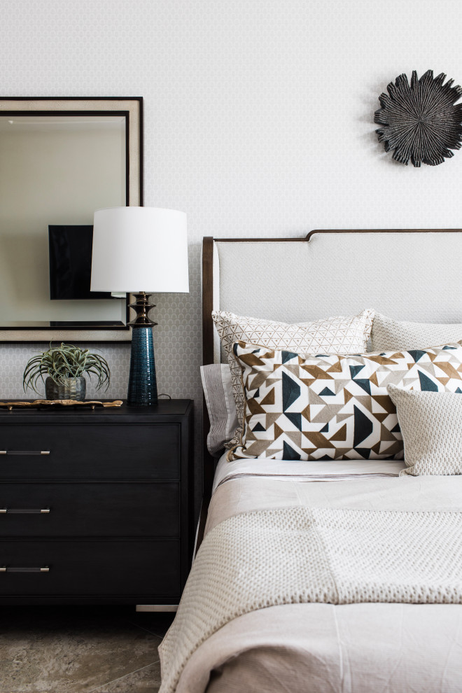 Bedroom - large modern master porcelain tile, multicolored floor and wallpaper bedroom idea in Phoenix with beige walls