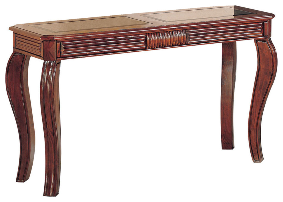 Wooden Sofa Table With Glass Inserts Top, Cherry Brown Traditional