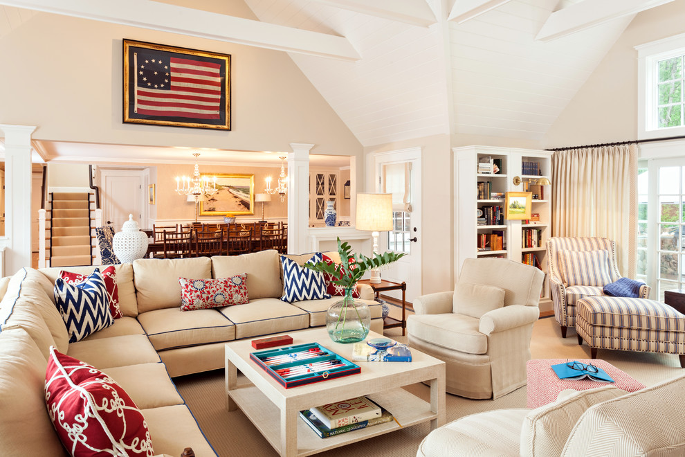 Beach style living room photo in Boston