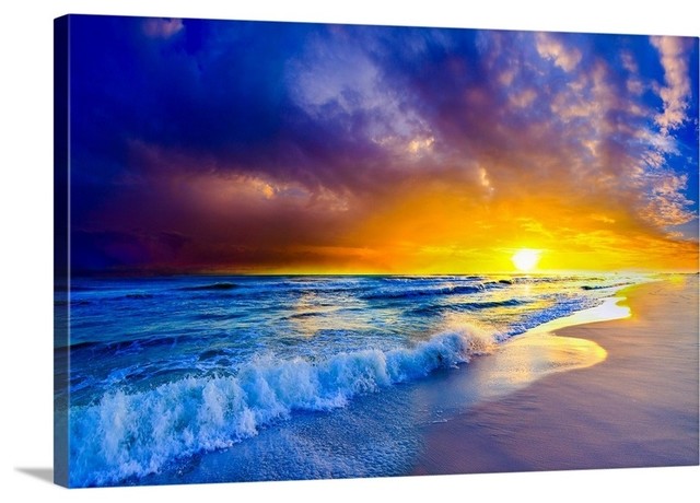 Beautiful Beach Sunset Orange Purple Ocean Sunset Wrapped Canvas Art Print Beach Style Prints And Posters By Great Big Canvas