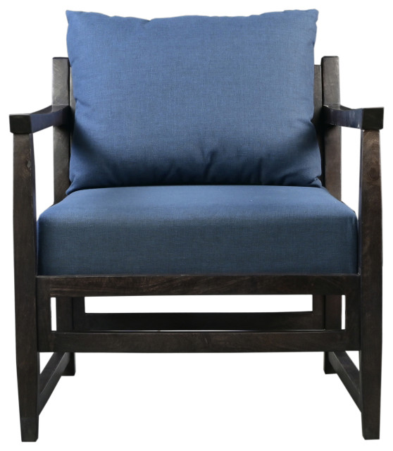 Benzara UPT270563 Mango Wood Accent Chair, Fabric, Pillow Back, Blue