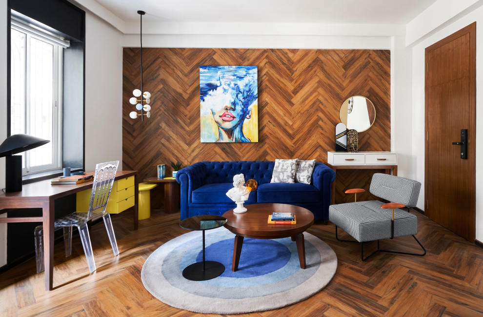 Esempio di un piccolo soggiorno moderno con pareti bianche, pavimento in gres porcellanato e pavimento marrone