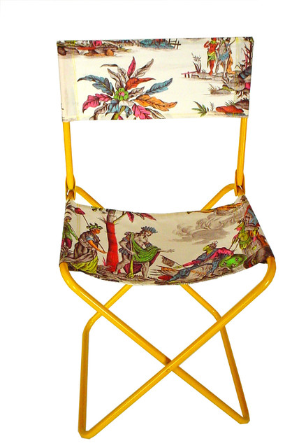 chaise et tabouret de camping en toile de jouy coloré fluo