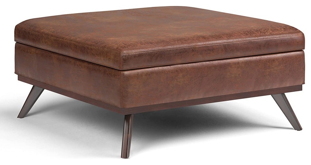 Contemporary Storage Ottoman, Faux Leather Upholstery, Distressed Saddle Brown