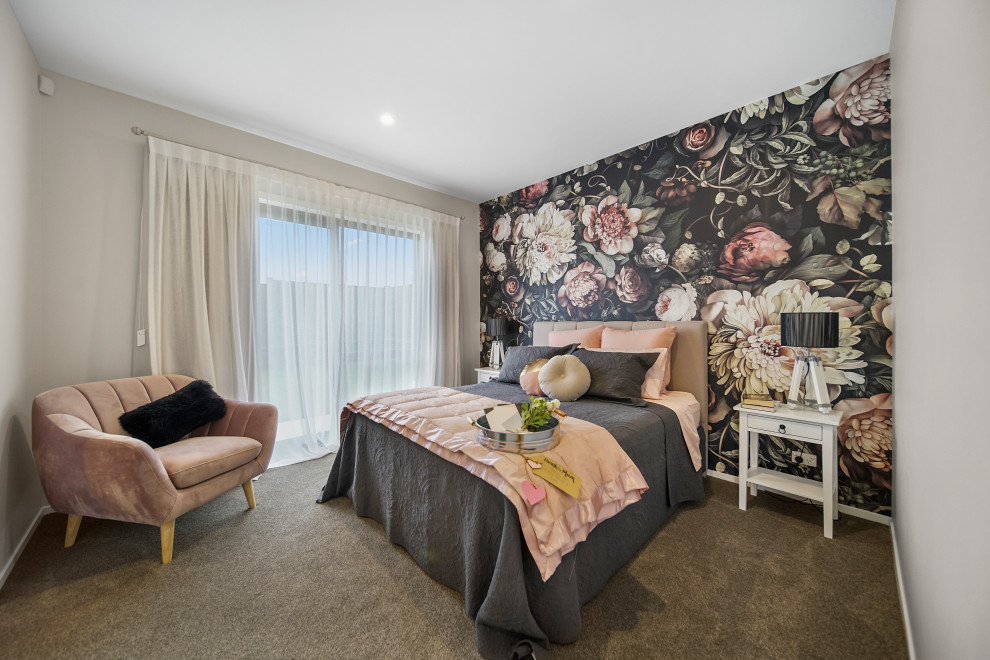 Design ideas for a large traditional guest bedroom in Auckland with white walls, carpet, grey floor, vaulted and wallpaper.