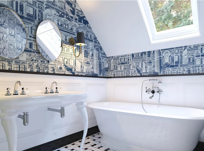Cette photo montre une salle d'eau chic de taille moyenne avec une baignoire posée, un mur multicolore, un lavabo de ferme, un plan de toilette blanc, meuble double vasque et boiseries.