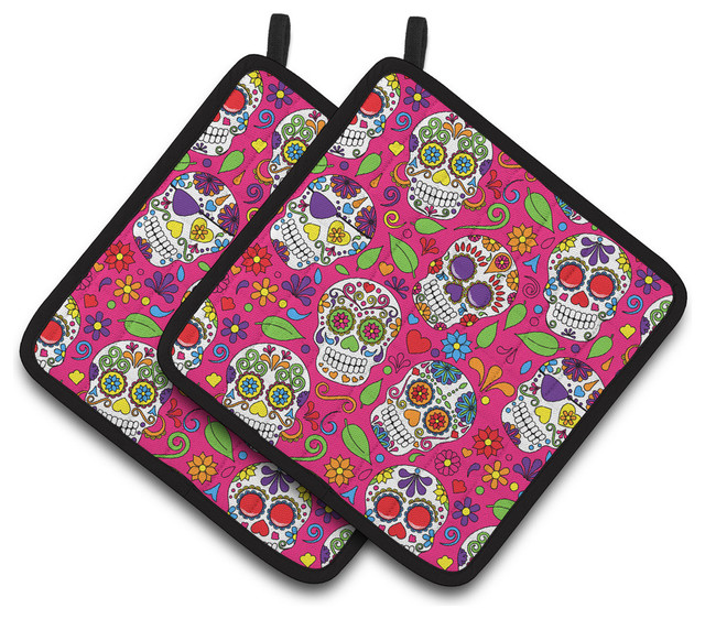 Day Of The Dead Pink Pot Holders Set Of 2 Eclectic Oven Mitts