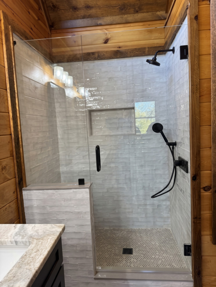 Rustic Modern Bathroom Shower with Black Fixtures