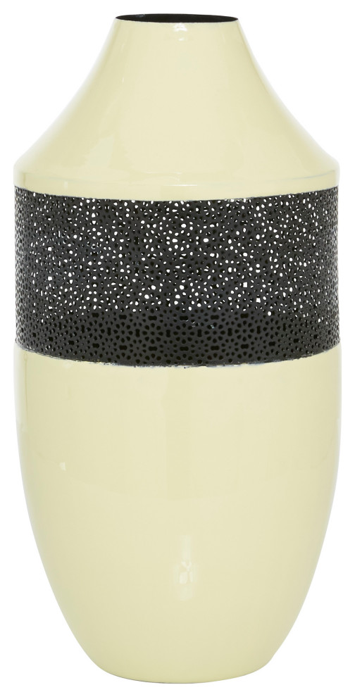 Round White Enamel Vase With Black Metal Textured Patterned Detail, 8"x16.25"