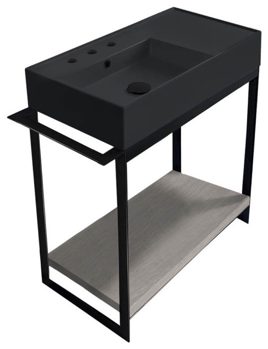 Console Vanity With Matte Black Sink and Grey Oak Shelf Industrial