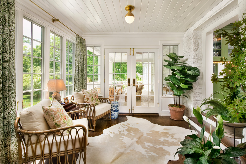 Photo of a traditional sunroom in Philadelphia with dark hardwood floors, no fireplace and a standard ceiling.
