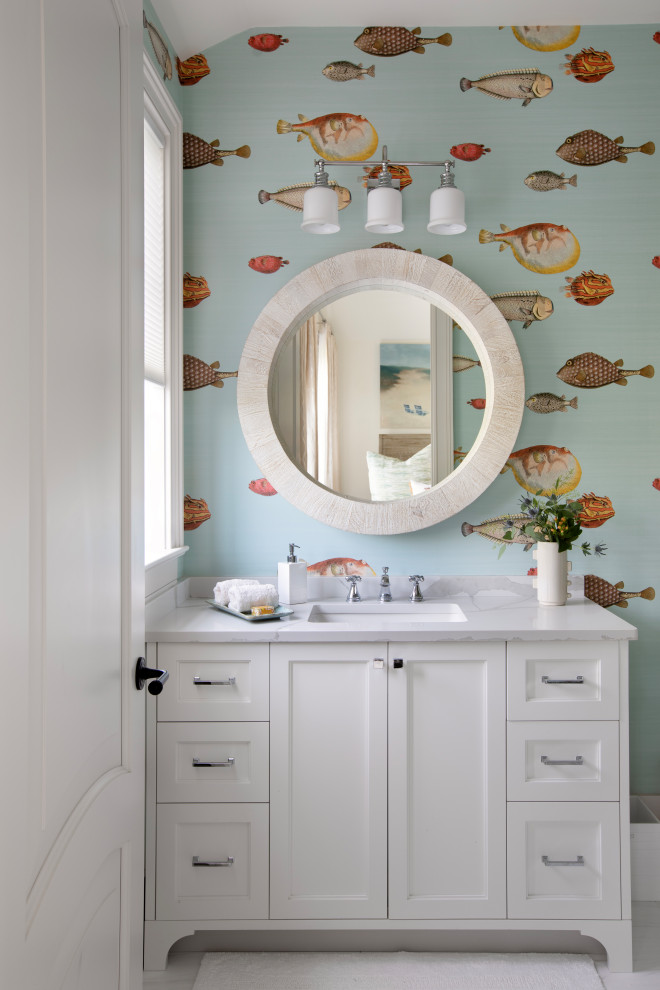 Inspiration for a small coastal 3/4 single-sink bathroom remodel in Charleston with shaker cabinets, white cabinets, quartz countertops, white countertops and a built-in vanity