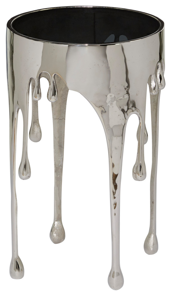 Dripping Silver Metal Accent Table With Smoked Glass Top, 15.5"x24.5