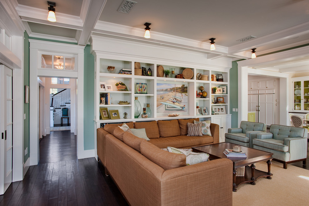 West Coast Hamptons - Living room - traditional dark wood floor living room idea in San Diego with blue walls