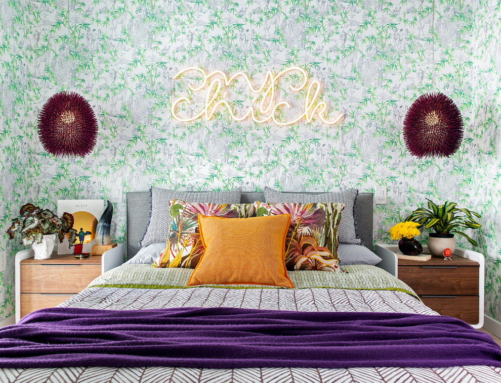 Inspiration for a mid-sized eclectic bedroom in Boston with multi-coloured walls and no fireplace.