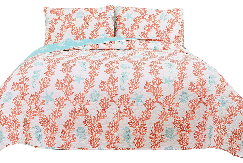 Dina Coral Blue/Coral Quilt Blue/Coral 3Piece Set Full/Queen Beach