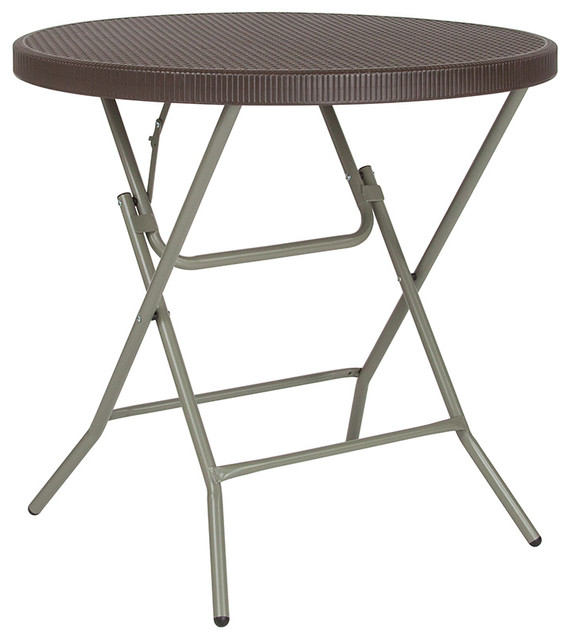 Offex 31 5 Round Rattan Plastic Folding Table Brown