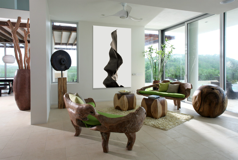 This is an example of a contemporary living room in Other with white walls and beige floor.