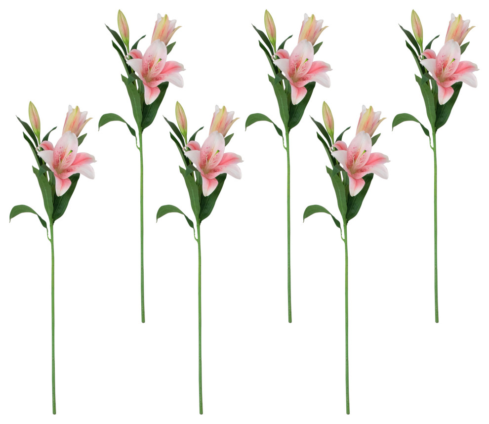 Set of 6 Pink Lily Artificial Floral Stems 38" Modern Artificial