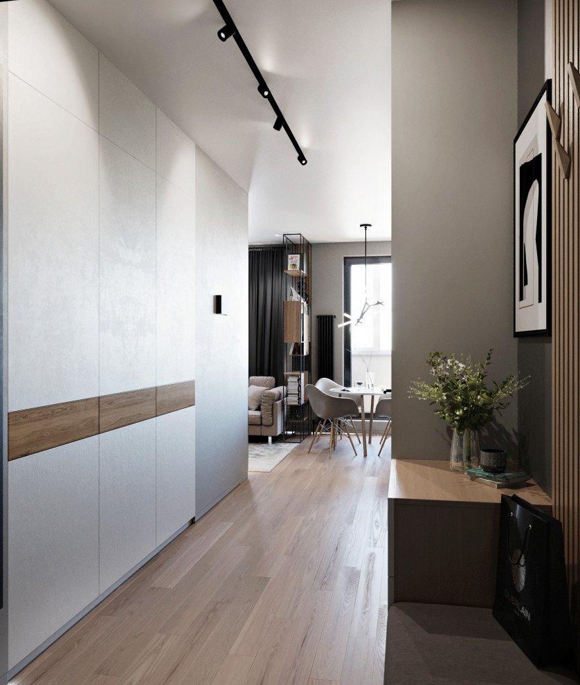 Mid-sized contemporary hallway in Other with grey walls, laminate floors and beige floor.