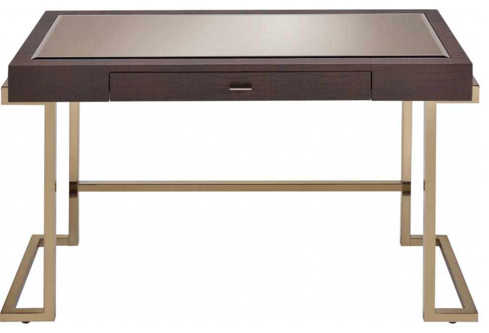 Brown Faux Leather and Light Gold Mirror Desk Contemporary Desks