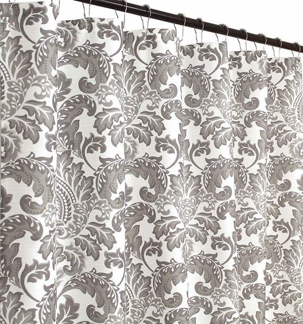 Gray White Fabric Shower Curtain Floral Damask Design Contemporary