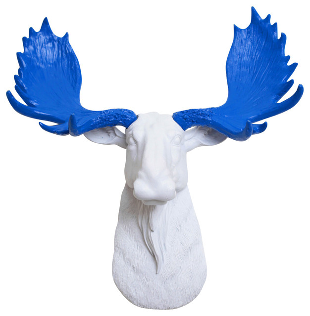 White Mini Faux Moose Head Wall Mount, Blue Antlers