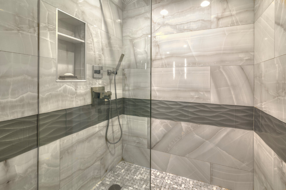 Photo of a mid-sized contemporary master bathroom in Miami with an open shower, multi-coloured tile, porcelain tile, mosaic tile floors and granite benchtops.