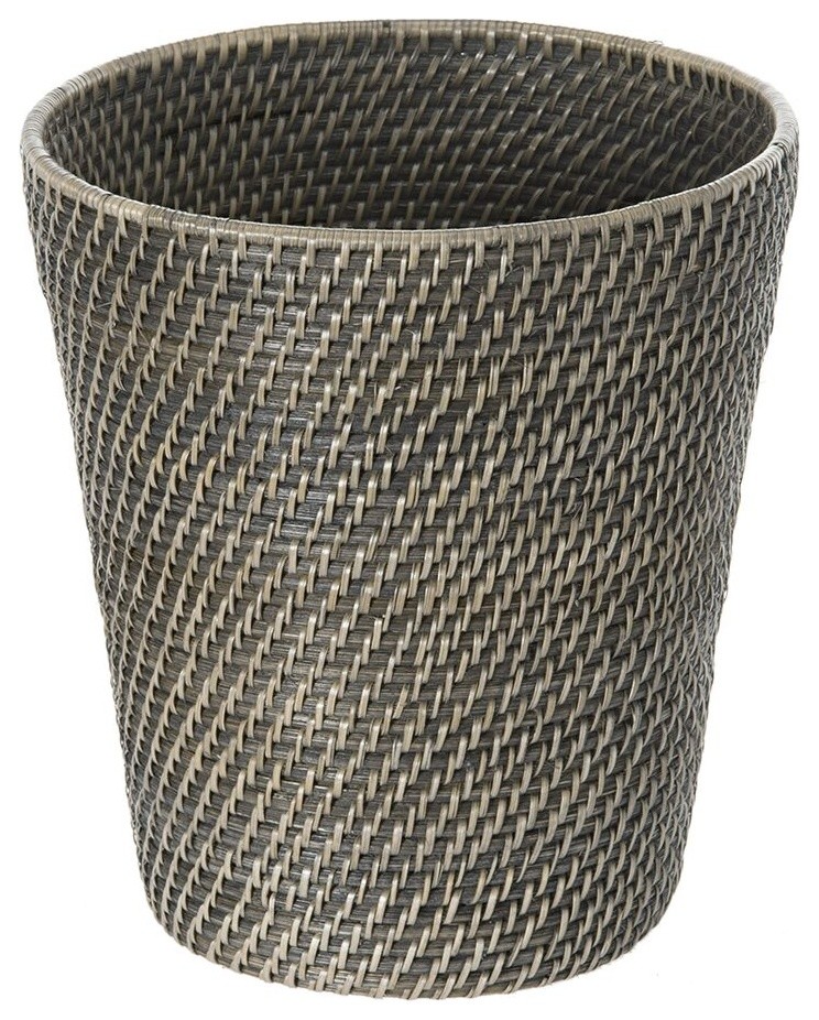 Laguna Round Rattan Waste Basket, Black Wash Tropical Wastebaskets
