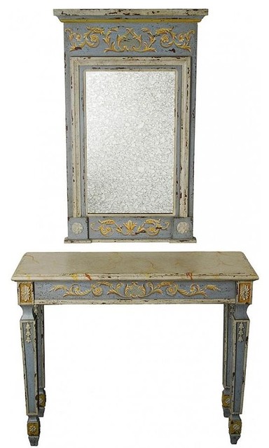 Console Table Antiqued French Blue Glass Mirror Faux Marble Top Wood