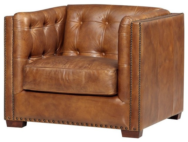 Top Grain Vintage Leather Tuxedo Sofa, Light Brown Leather Sofa And Chair
