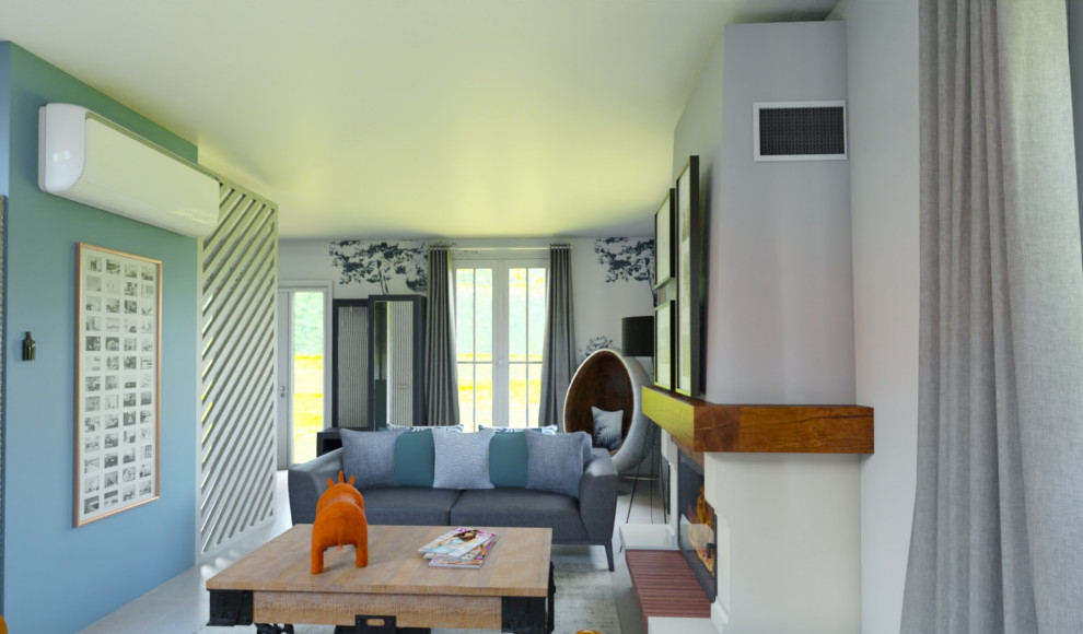 Идея дизайна: большая открытая гостиная комната в стиле ретро с с книжными шкафами и полками, синими стенами, полом из керамической плитки, стандартным камином, фасадом камина из бетона, серым полом и обоями на стенах
