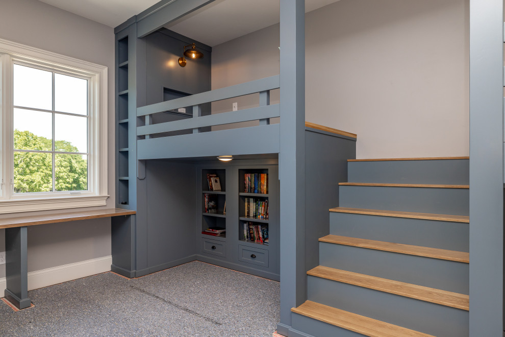 Idee per una cameretta per bambini tradizionale di medie dimensioni con pareti blu, moquette e pavimento grigio