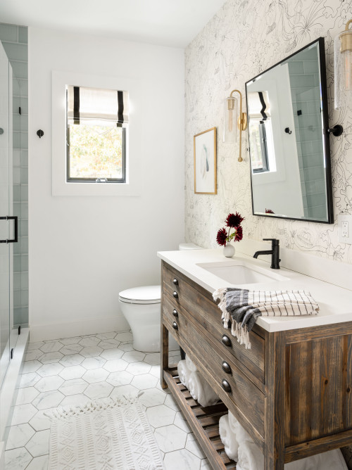 Tilted Tranquility: Bathroom Mirror Ideas with Black Patterned Beige Wallpaper Create Modern Bliss